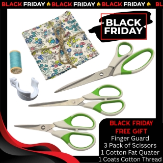 Sewing bundle including thread, fabric, scissors and finger guard