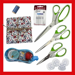 Basic sewing bundle including must have items scissors, thread, fabric, needles, bobbins