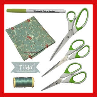 Tilda creative pack including genuine Tilda fabric, a fabric marker, scissors and thread