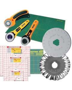 Rotary fabric cutters, mats and patchwork rule