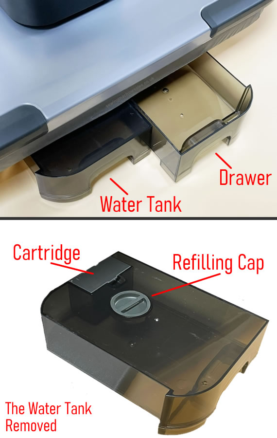 Close up of the water tank and drawer